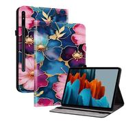 TEDTIKJT Funda para Samsung Galaxy Tab S8+/S7+ 12.4" Carcasa T970 T976B X800 X806 Flip Cover Patrón Pintado Cuero Funda Carcasa Protectora de Tableta con Función de Soporte,Flores en Oro Azul