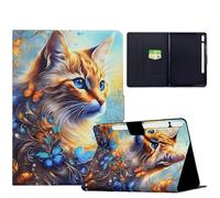 TEDTIKJT Funda para Samsung Galaxy Tab S9/S9 FE/S10 FE/S10 Lite SM-X710 X510 X520 Carcasa PU Cuero Flip Cover Patrón Animal Stand Protectora Funda con Auto-Sueño/Estela,Blue Butterfly Cat
