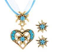 Teegxddy 3 Piezas de Colgante de Corazón de Edelweiss de Diamantes de Imitación y Aretes de Edelweiss para Mujeres,Decorativos Temáticos del Oktoberfest,Regalos para Mujeres(Azul-Dorado)