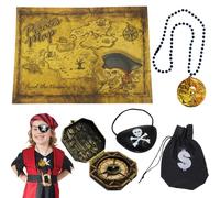 Teegxddy 5 Piezas Pirate Brújula Collar Conjunto, Disfraces para la fiesta de Halloween, Incluye Párpado de pirata, brújula, collar, mapa y bolsa negra con el símbolo de dólar