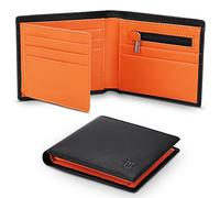 TEEHON Cartera Hombre de Piel con 15 Compartimentos, 1 Pieza de Piel de Verificar con Instrucción y Tecnología RFID para Hombre o Joven - Negro y Naranja