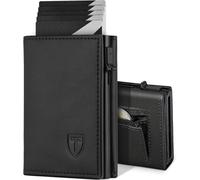 TEEHON Cartera Hombre Slim de Cuero, con Bloqueo RFID con Caja de Regalo | Cartera Tarjetero Hombre con Magnético, Fibra de Carbon Cartera con pequeño para Crédito, Billetes y Monedas - Negro