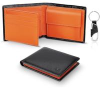 TEEHON Cartera para Hombre, Monedero con RFID Bloqueo con 10 Ranuras, 2 Compartimentos para Billetes, 1 Bolsillo para Monedas con Botón, 1 Llavero y Regalo Caja - Naranja Negro