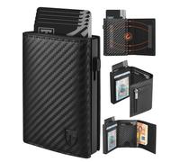 TEEHON Carteras para Hombre, Tarjetero Hombre con Bloqueo RFID Magnético, Fibra de Carbon Cartera con Monedero & Compartimentos para Billetes & Ventana ID (Clásico, Negro Exclusivo)