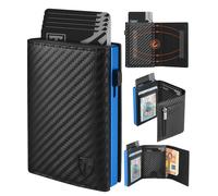 TEEHON Carteras para Hombre, Tarjetero Hombre con Bloqueo RFID Magnético, Fibra de Carbon Cartera con Monedero & Compartimentos para Billetes & Ventana ID (Clásico, Azul)