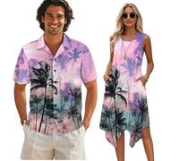 teeinprint Conjunto hawaiano a juego para hombre, camisas Aloha con botones, vestido sin mangas, acampanado, vestido sin mangas, Hawaii Palm Watercolor Sky, S
