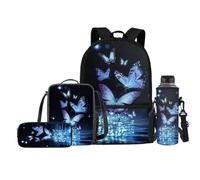 teeinprint Juego de mochilas con fiambrera, estuche para lápices y soporte para botellas de agua, bolsas ligeras para libros para adolescentes, juego de 4 piezas, Mariposa azul de moda, Talla única