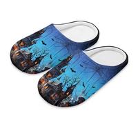 teeinprint Pantuflas de casa de Halloween para mujeres y hombres, cómodas pantuflas de punta cerrada, lavables, reutilizables, zapatos de spa y hotel, Casa encantada de Halloween, 42/43 EU