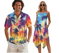 teeinprint Traje a juego para mujer, sin mangas, vestido acampanado con bolsillos o camisas de manga corta para hombre, Hawaii Palm Watercolor Sky, 4XL