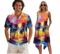 teeinprint Vestido sin mangas a juego para parejas, vestido sin mangas para mujer, vestido de verano sin mangas y camisas con botones para hombre para fiestas y vacaciones, Hawaii Palm Rainbow Sunset