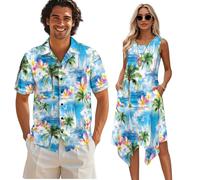 teeinprint Vestido sin mangas para mujer, vestido de manga corta para hombre, vestido de playa con bolsillos, traje hawaiano a juego para parejas, Hawaii Palm Plumeria Blue Ocean, 3XL