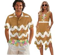 teeinprint Vestido tipo túnica de verano para mujer, vestido de verano sin mangas con bolsillos, camisas Aloha con botones para hombre, traje a juego para parejas, Christmas Gingerbread Man, S