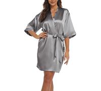 Teemie Bata Mujer Satén Seda Kimono Novia Dama Boda Albornoz Sexy Camisón Verano Ropa Vestido Batas Dormir Vestir Comodo Albornoces Lencería Casa Pijamas Cinturón Bolsillos Despedida Soltera Gris L