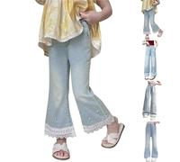 Teen Girls Flared Jeans Kids Lace Elastic Waist Wide Leg Denim Pants Teenage Retro Bell Bottom Flare Trousers with Pockets Children Summer Loose Fit Casual Sweatpants