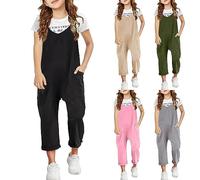 Teen Girls Summer Jumpsuits Spaghetti Strap Wide Leg Dungarees Kids Sleeveless Casual Overalls with Pockets Fashion Teen Solid Soft Straight Clothes Lightweight Rompers