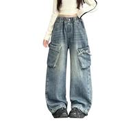 Teen Girls Wide Leg Cargo Jeans Kids Washed Ripped Baggy Denim Trousers Teen Girls High Elastic Waist Flared Denim Pants with Pockets Fashion Loose Casual Jeans Y2K Vintage Streetwear