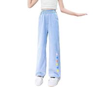 Teen Girls Wide Leg Jeans High Waist Distressed Heart Patch Denim Trousers Kids Soft Stretchy Straight Leg Cargo Pants with Pockets Fashion Youth Relaxed Fit Casual Jeggings