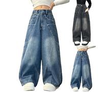 Teen Girls Wide Leg Jeans Kids High Elastic Waist Flared Baggy Denim Trousers Fashion Children Y2K Hip Hop Boyfriend Streetwear Loose Fit Casual Cargo School Trousers