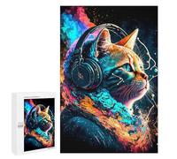 Teenagers 1000 PCS Puzzle Gato con Headphones Puzzle para Adultos Juegos Divertidos Regalos de Decoración Perfecto para Amigos y Familias 1000 PCS