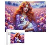 Teenagerss - Rompecabezas de 500 piezas de mujer de fantasía con gato en campo de flores para adultos, juegos familiares, regalo de cumpleaños, diversión en actividades en casa, 500 piezas