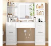 TEENFON Tocador de Maquillaje con Luces LED Regulables y enchufes, Mesa de Maquillaje con Espejo, 4 estantes Abiertos y 5 Ganchos para Joyas, Blanco, Tocador con 7 Cajones+Luces LED