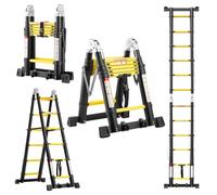 TEENO 3.8 M (1.9+1.9) Escalera Telescópica de Aluminio, Escalera Multipropósito Antideslizante Escaleras Telescópicas Portátiles con 2 Polea Doble y Barra Estabilizadora, Carga Máxima 150 kg, Negro