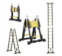 TEENO 5M (2.5+2.5) Escalera Telescópica de Aluminio, Escalera Multipropósito Antideslizante Escaleras Telescópicas Portátiles con 2 Polea Doble y Barra Estabilizadora, Carga Máxima 150 kg, Negro