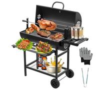 TEENO Barbacoa de Carbón de Madera, Parrilla Barbacoa con Rejilla de Cocción XXL, Guantes Antigrietas, Termómetro, Cajón de Ceniza, Ventilación Regulable, Mejorada (con Soporte para Asar Pollo)