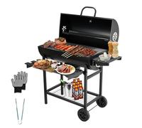 TEENO - Carro para barbacoa de madera, parrilla XXL de carbón con tapa, termómetro, cajón de ceniza, guantes antiquemaduras, ventilación ajustable, gran barbacoa de carbón de madera