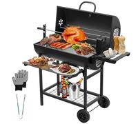 TEENO - Carro para barbacoa de madera, parrilla XXL de carbón con tapa, termómetro, cajón de ceniza, guantes antiquemaduras, ventilación ajustable, gran barbacoa de carbón de madera (Upgraded (with