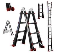 TEENO Escalera de Aluminio Multifunción 4 M| 4x4 Peldaños| Escalera Telescópica 5 en 1 con Desmontable Ruedas y Base Triangular Reforzada| Carga Máxima 150 kg, Negro