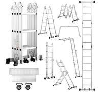 TEENO Escalera Multifunción 7 en 1, 3,6 M, 4 x 3 escalones, Escalera Plegable de Aluminio con 2 Plataformas, Patas de Goma 2 Ruedas Desmontables, 12 peldaños Carga Max 150 kg, Plata