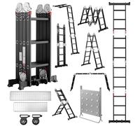TEENO Escalera Multifunción 7 en 1, 3,6 M, 4 x 3 escalones, Escalera Plegable de Aluminio con 2 Plataformas, Soporte de Trabajo para Escalera, Patas de Goma, 2 Ruedas Extraíbles, Carga 150 kg, Negro