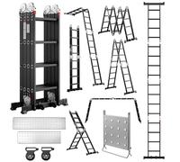 TEENO Escalera Multifunción 7 en 1, 4.7 M, 4 x 4 Escalones, Escalera Plegable de Aluminio con 2 Plataformas, Soporte de Trabajo para Escalera, Patas de Goma, 2 Ruedas Extraíbles, Carga 150 kg, Negro
