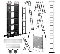 TEENO Escalera Multifunción 7 en 1, 5.82 M, 4 x 5 Escalones, Escalera Plegable de Aluminio con 2 Plataformas, Soporte de Trabajo para Escalera, Patas de Goma, 2 Ruedas Extraíbles, Carga 150 kg, Negro