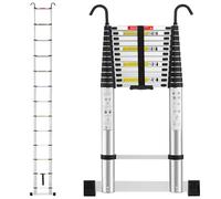 TEENO Escalera Telescópica de Aluminio Extensible 5M, Escalera Plegable Telescópica, EN131 Multiusos Portátil Extensible con Barra Estabilizadora y Ganchos Extraíbles Adecuado, Carga 150 KG