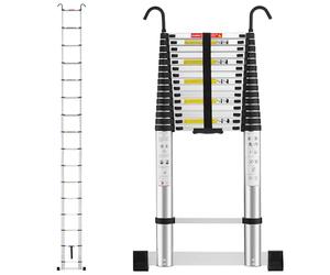 TEENO Escalera Telescópica de Aluminio Extensible 6.2M, Escalera Plegable Telescópica, EN131 Multiusos Portátil Extensible con Barra Estabilizadora y Ganchos Extraíbles Adecuado, Carga 150 KG