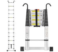 TEENO Escaleras Plegables de Aluminio 3.8 M, Escalera Telescópica con Barra Estabilizadora y Ganchos Desmontables, con Patas Estabilizadoras Triangulares, para Uso Doméstico o Trabajos al Aire Libre