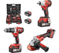 TEENO Juego de Herramientas Eléctricas 3 Piezas (Llave de Impacto Sin Escobillas + Taladro Percutor a Bateria + Amoladora Angular Sin Escobillas), 2 Baterías 20V, Ideal para Reparaciones