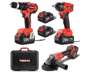 TEENO Juego de Herramientas Eléctricas 3 Piezas: Llave de Impacto Sin Escobillas + Taladro Percutor a Bateria + Amoladora Angular Sin Escobillas, 2x Batería 20V, Ideal para Hogar y Reparación de Coche