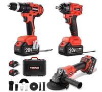 TEENO Kit 3 Herramientas 20V Llave de Impacto Inalámbrica sin Escobillas, Taladro Percutor, Amoladora Angular sin Escobillas, Baterías 2x 3,0 Ah