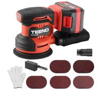 TEENO Lijadora Excéntrica a Batería 4A, Lijadora Orbital 20V, 6000-12000 rpm, Diámetro: 125 mm, 6 Velocidades, 25 Papeles de Vidrio