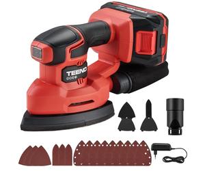 TEENO Lijadora inalámbrica con batería 3 en 1, lijadora Delta de 20 V con batería de 2 A, lijadora de detalles de 13000 rpm con bolsa de recogida de polvo, 15 hojas de papel abrasivo, 140 x 96,6 mm
