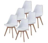 TEENO Pack de 6 Sillas de Comedor Escandinavas, Sillas Blancas de Cocina con Asiento Tapizado y Patas de Madera Maciza de Haya, Diseño Moderno