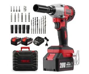 TEENO Pistola de impacto batería sin cable con motor sin escobillas | Alto par 320Nm, incluye 2 baterías rápidas 3.0Ah, maletín y 25 accesorios, para reparación de coches y montaje de muebles