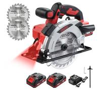 TEENO Sierra circular láser sin cable 4000 RPM con freno eléctrico, 2 X 2.0 AH baterías, 2X165mm cuchillas, profundidad de corte y ángulo ajustables hasta 38mm (45°), 54mm (90°).
