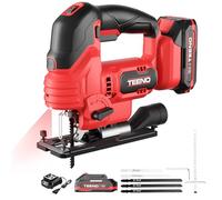 TEENO Sierra de Calar para Batería Makita de 20V 2x2.0Ah, 800-3000 SPM Caladoras para Madera con Láser Con 5 cuchillas, Corte ± 45°, 6 VELOCIDADES,LED, Cortar Metal, Madera, Plástico