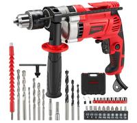 TEENO Taladro de percusión con cable 910 W, martillo perforador eléctrico 0-3000 rpm con 38 accesorios, mango giratorio de 360°, velocidad variable, mandril de metal de 13 mm, funda de transporte