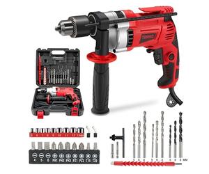 TEENO Taladro Percutor con Cable 910W, Taladro Percutor Eléctrico 0-3000 RPM con botón de velocidad variable, Mango Giratorio de 360°,38 Accesorios, Portabrocas de 13mm, Ladrillo, Madera, Acero