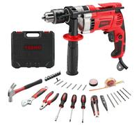 TEENO Taladro Percutor Eléctrico 0-3000 RPM, Taladro Percutor con Cable 910W, Botón de Velocidad Variable, Portabrocas de 13mm, 37 Accesorios Caja Herramientas Completa, Ladrillo, Madera, Acero